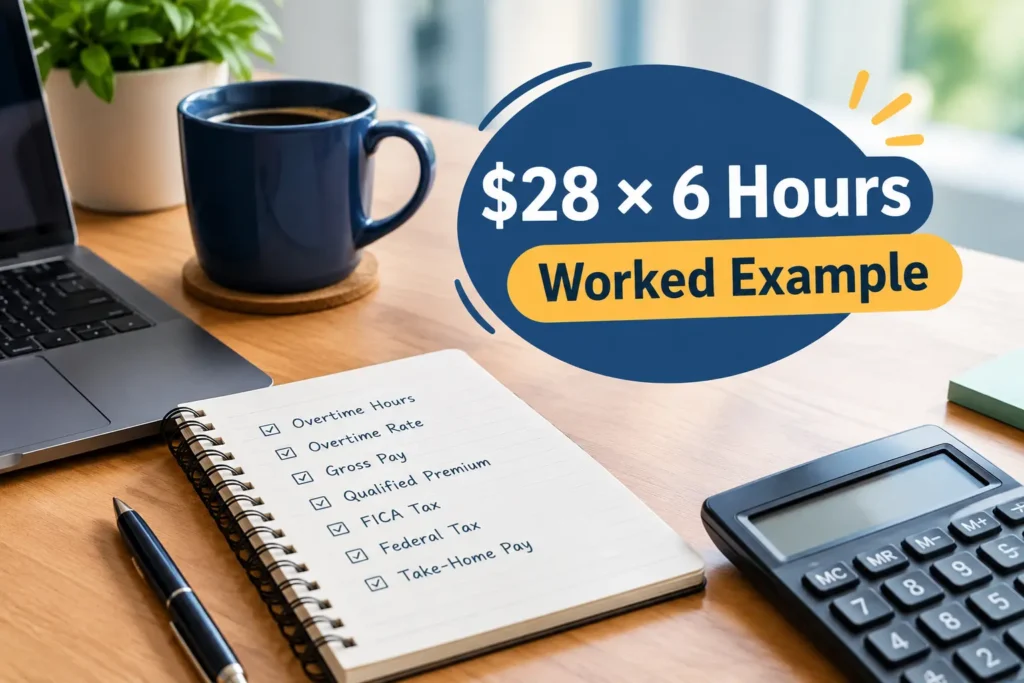 Overtime tax calculator worked example showing $28 hourly pay and 6 overtime hours