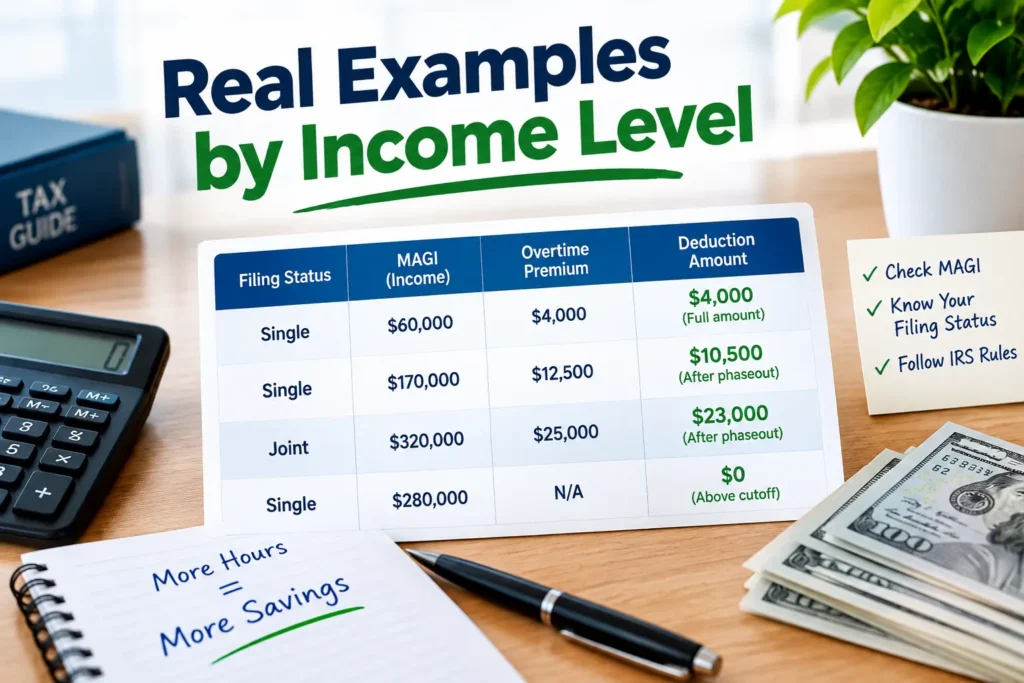 Overtime tax deduction examples by income level showing MAGI, overtime premium, and deduction amounts.