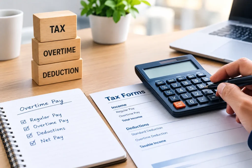 Calculator and tax forms for estimating overtime pay deductions