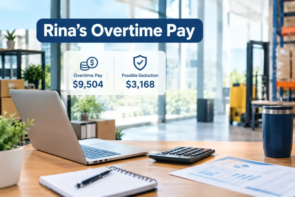 Rina’s overtime tax savings example showing $9,504 in annual overtime pay and up to $3,168 in possible tax savings.