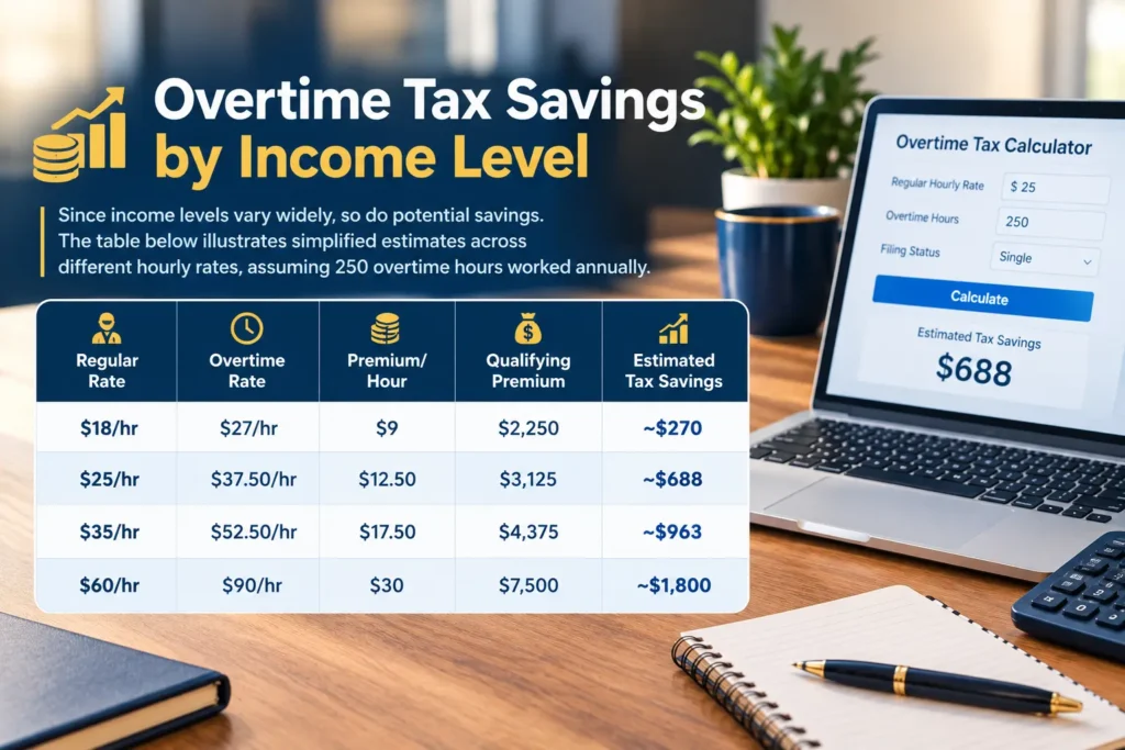 Overtime Tax Savings by Income Level table showing hourly rates and estimated savings