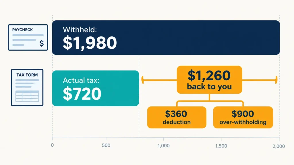 Bar chart showing $1,980 withheld versus $720 actual tax on overtime pay, with a $1,260 refund gap