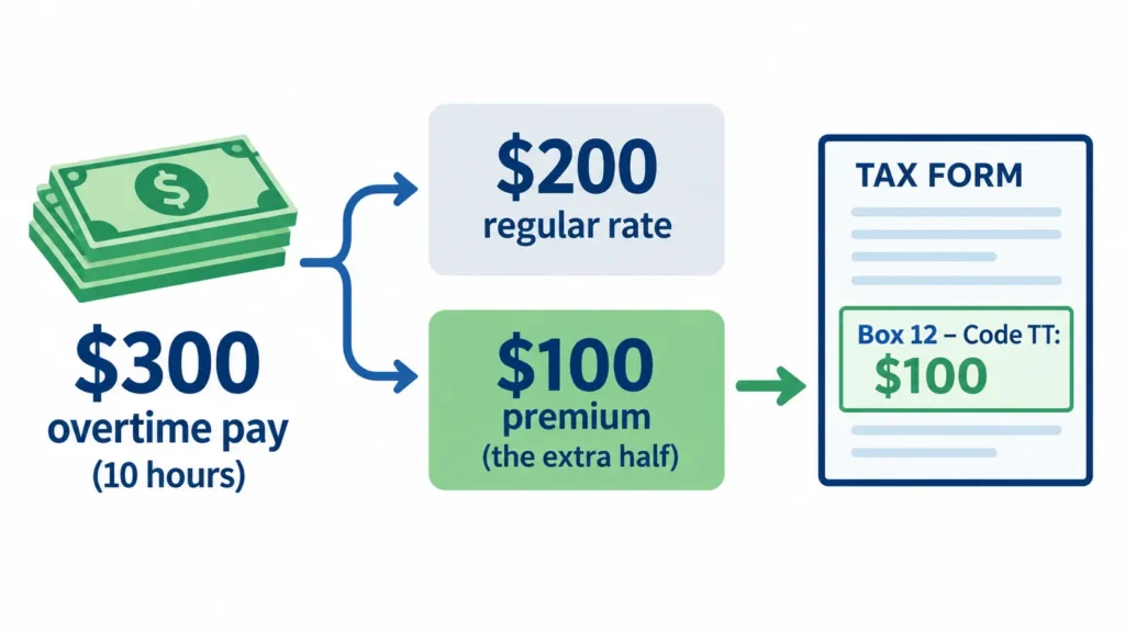 W-2 Box 12 code TT shows only the $100 premium from $300 of overtime pay
